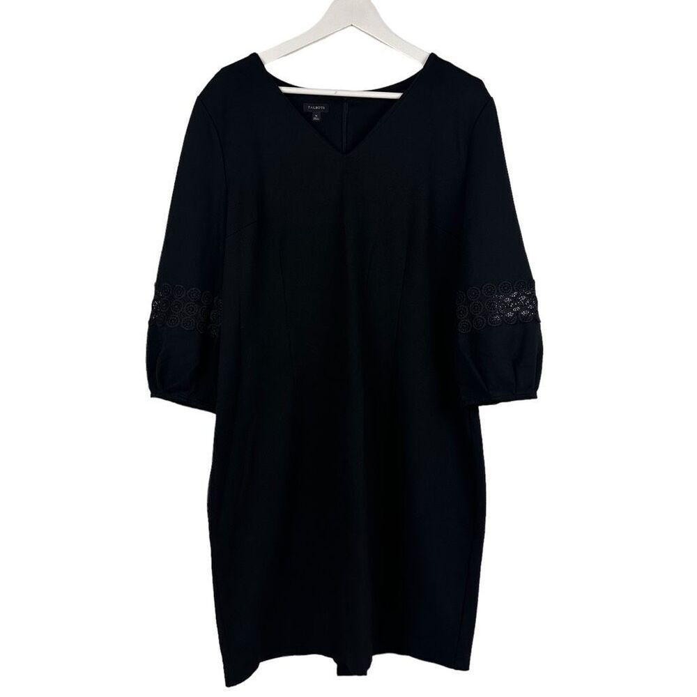 Talbots Womens sizeβ14 Dress V Neck 3/4 Sleeve Crochet Inset Black Stretch